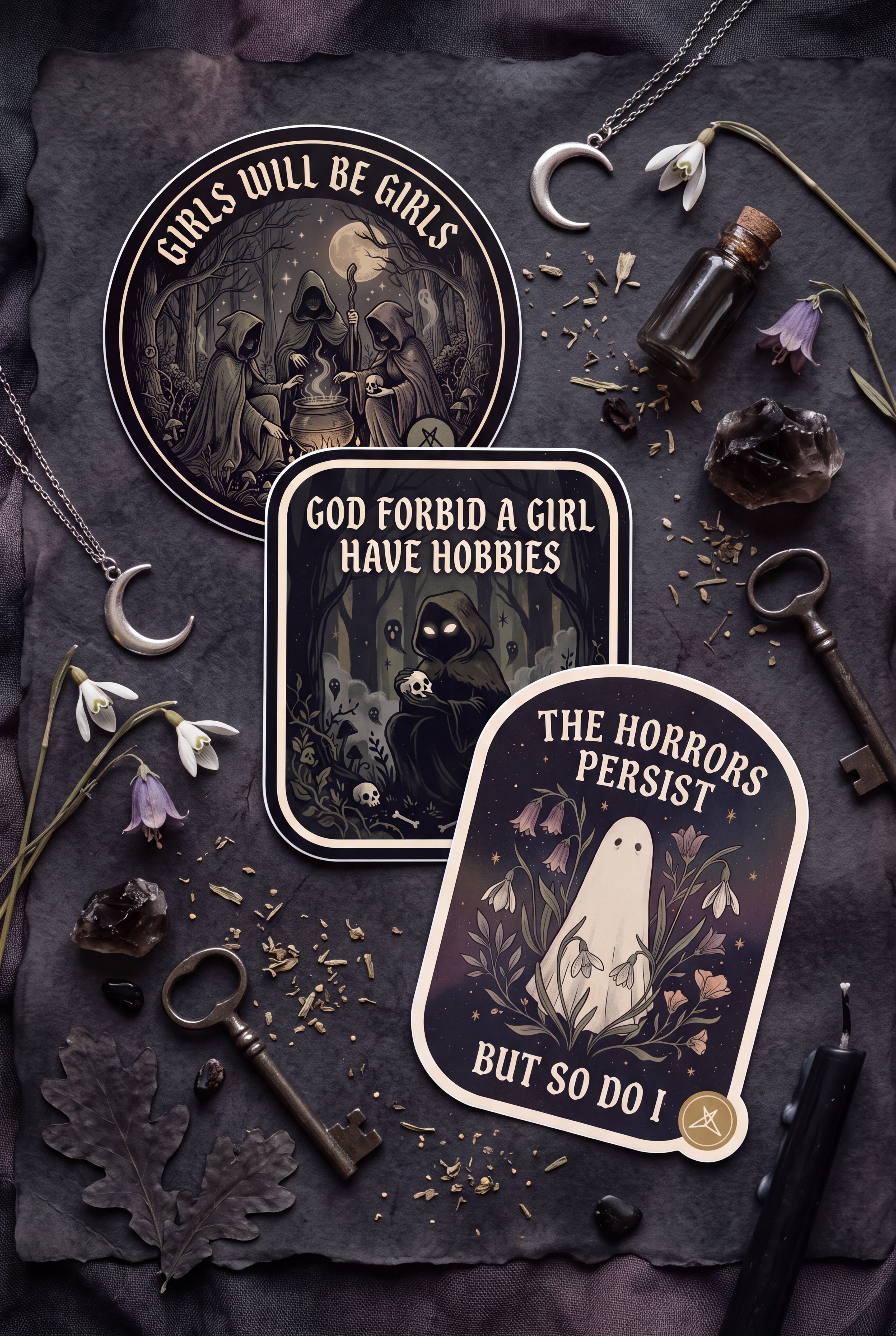 SweetLegs The Horrors Persist Sticker Pack featuring gothic horror ghost and dark forest themed stickers