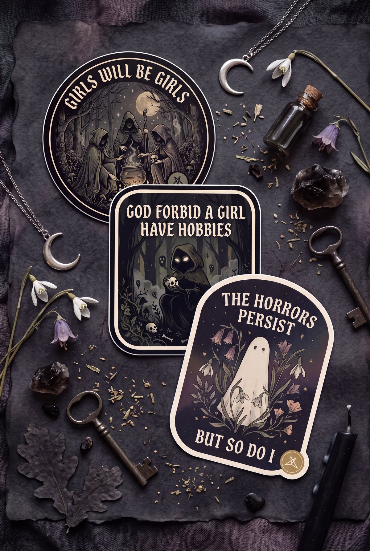 SweetLegs The Horrors Persist Sticker Pack featuring gothic horror ghost and dark forest themed stickers