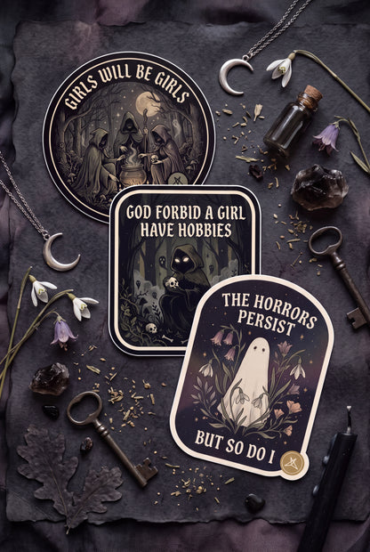 SweetLegs The Horrors Persist Sticker Pack featuring gothic horror ghost and dark forest themed stickers
