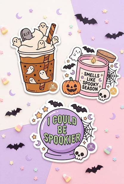 SweetLegs Smells Like Spooky Season Sticker Pack featuring Halloween coffee ghost candle and crystal ball stickers