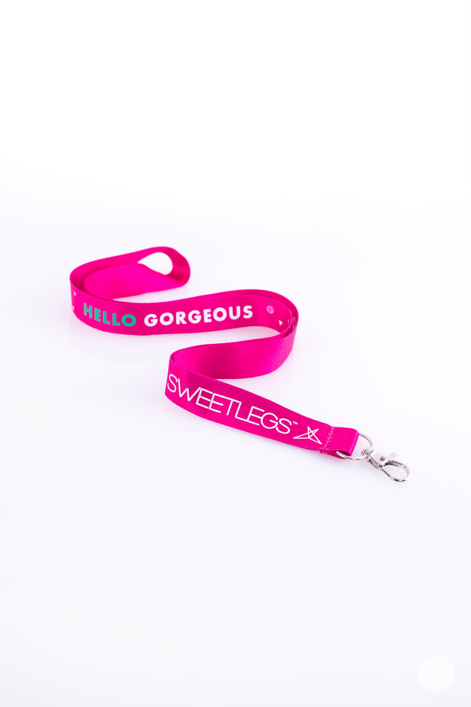 SweetLegs Lanyard in vibrant pink featuring HELLO GORGEOUS text and SweetLegs logo with metal clasp on white background