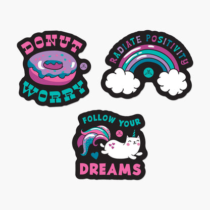 SweetLegs Happiness Sticker Pack with colorful donut, rainbow, and cat mermaid designs promoting positivity and dreams