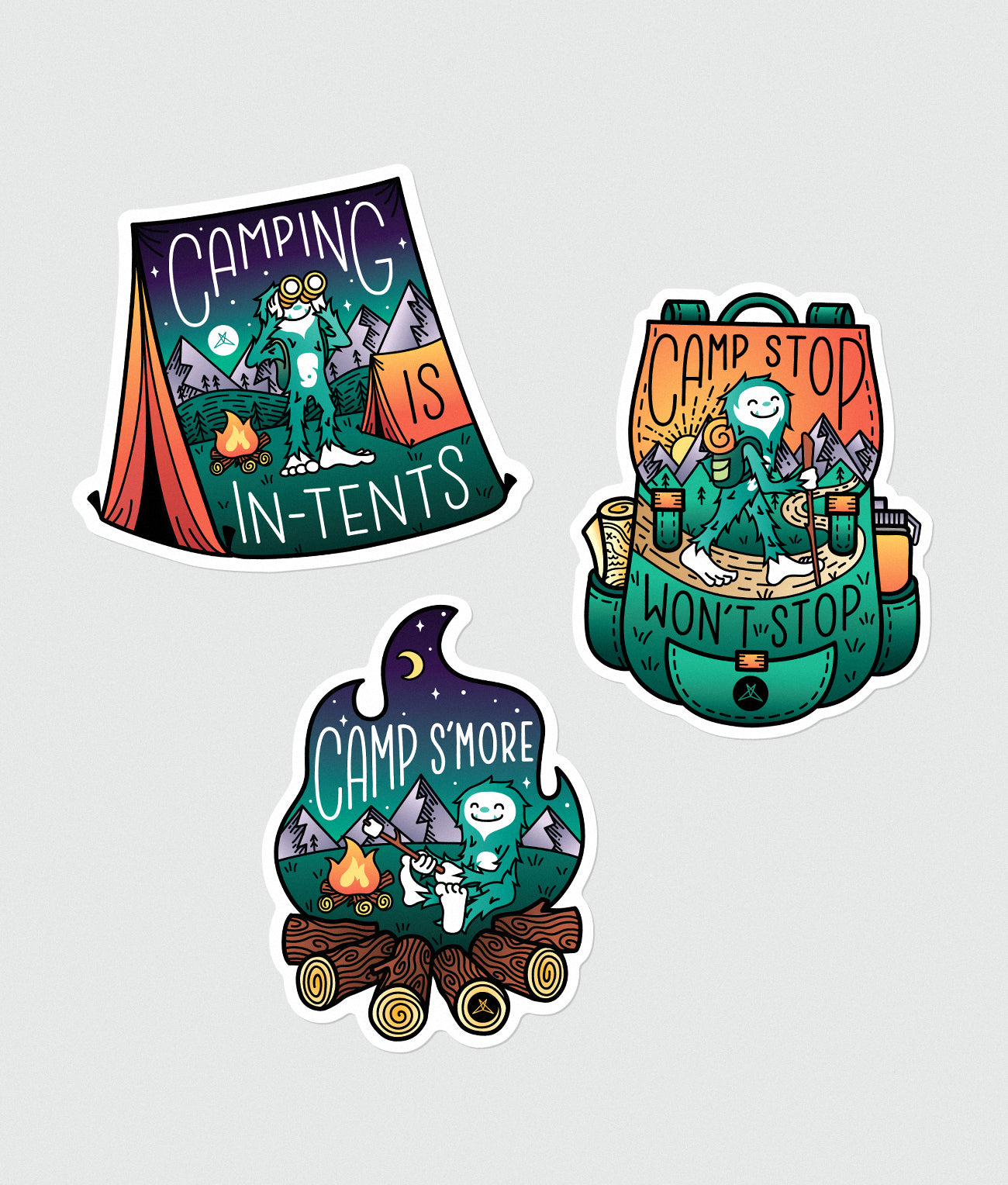 Three colorful camping-themed stickers by SweetLegs from the Camping Sticker Pack featuring tents and campfires.