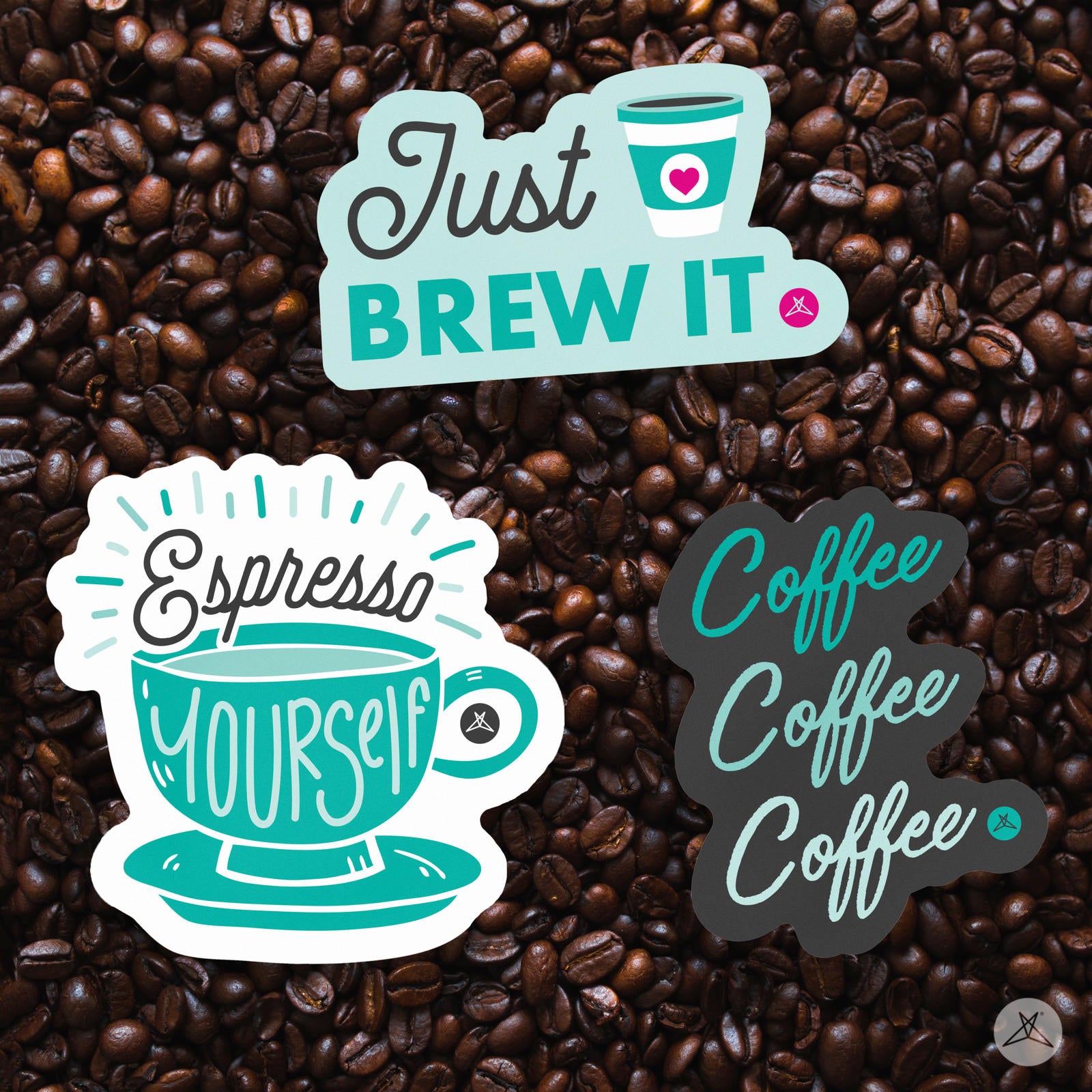 SweetLegs Coffee Lovers Sticker Pack with playful coffee cup designs and witty phrases on a background of coffee beans